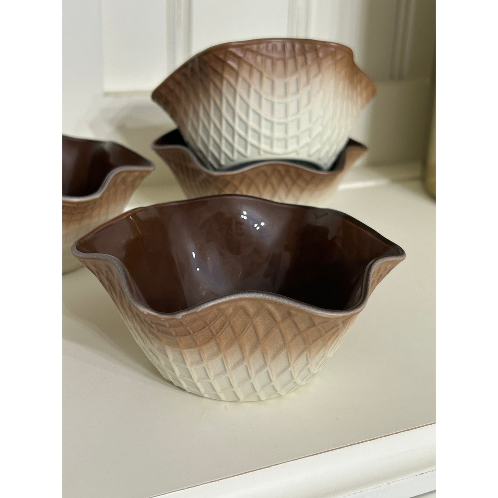 Vintage Set of 6 Bormioli Rocco Italian Glass Waffle Cone Icecream Dessert Bowls